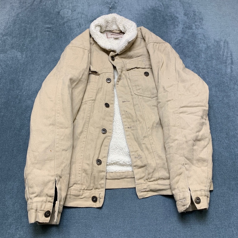 Brooklyn Cloth Workwear Trucker Jacket Mens M Beige Sherpa Lined Button Front